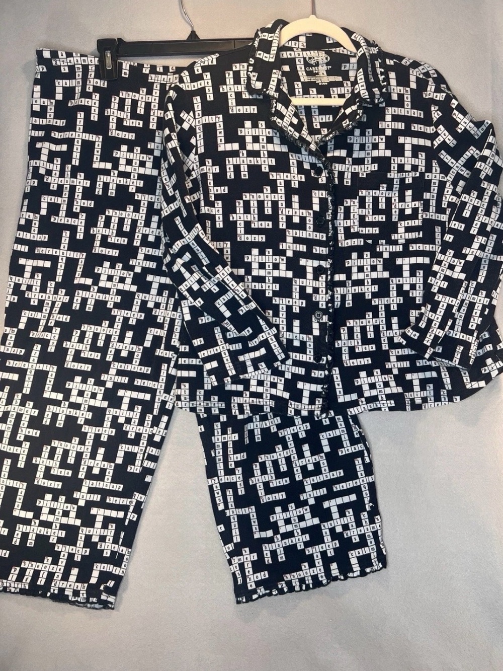 Cabernet Lounge Petite Pajama Set Large Black Crossword Print Long Sleeve Cotton